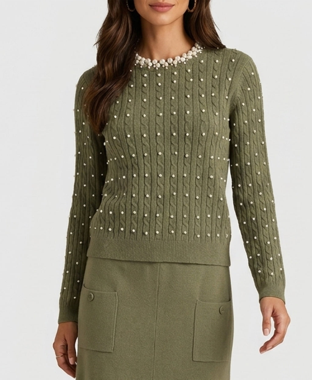 Plush Cable Knit Sweater w/ Pearl Trim