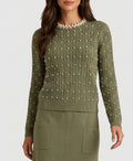 Plush Cable Knit Sweater w/ Pearl Trim