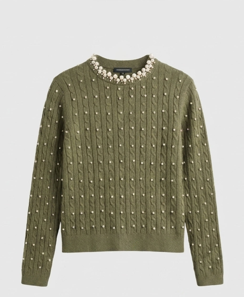 Plush Cable Knit Sweater w/ Pearl Trim