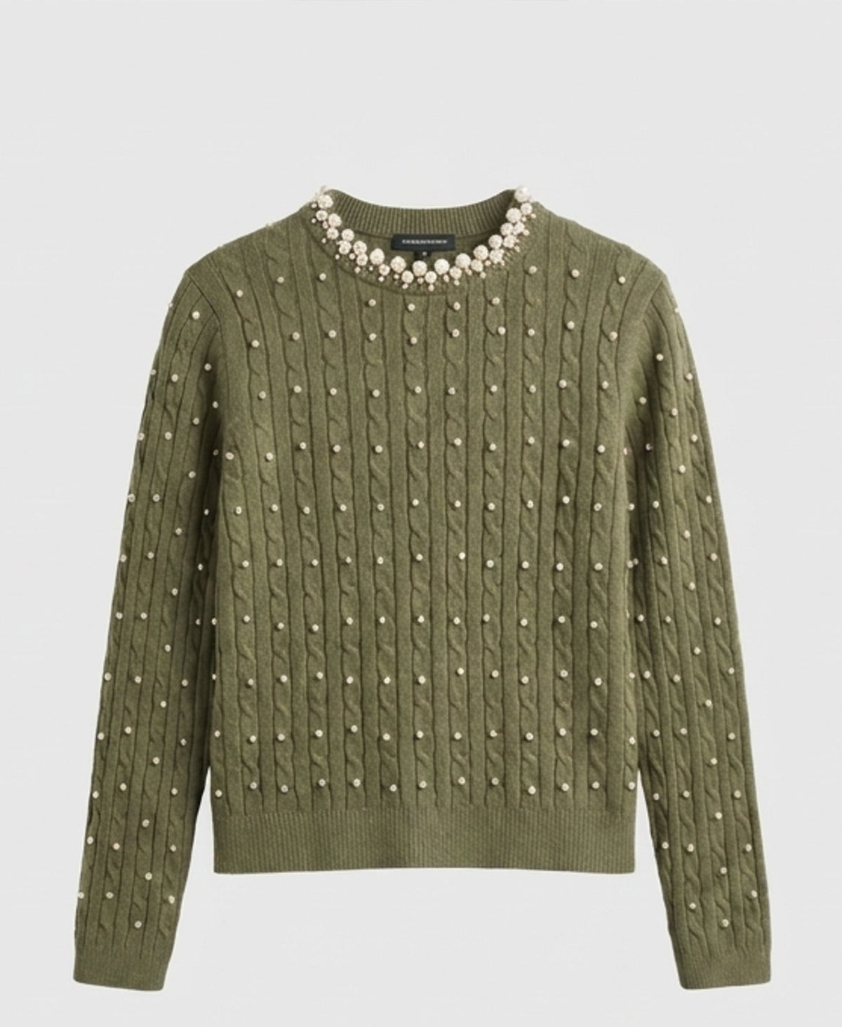 Plush Cable Knit Sweater w/ Pearl Trim