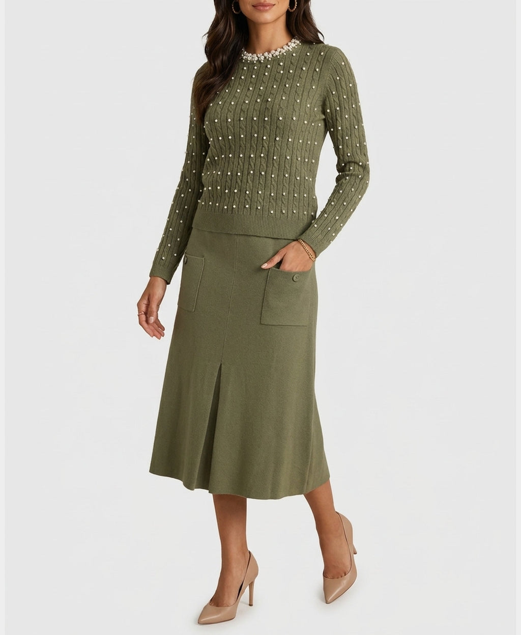 Plush Cable Knit Sweater w/ Pearl Trim